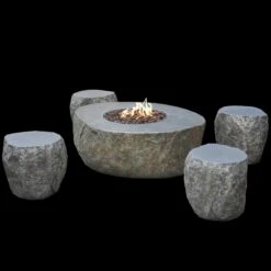 Gardenforma Sitzgruppen-Set: Gas Feuerstelle Vesuv In Basaltoptik Aus Faserbeton & 4x Hocker -Grill Verkaufsgeschäft OFG110GR SET1