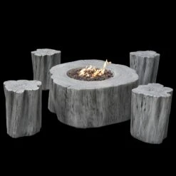 Gardenforma Sitzgruppen -Set: Gas Feuerstelle Manchester Aus Faserbeton In Baumstammoptik, Hellgrau & 4x Hocker -Grill Verkaufsgeschäft OFG145CG SET1