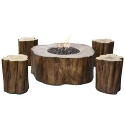 Gardenforma Sitzgruppen -Set: Gas Feuerstelle Manchester Aus Faserbeton In Baumstammoptik, Redwood & 4x Hocker -Grill Verkaufsgeschäft OFG145RW Set Machester Sitzgruppe Silo